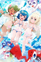 3girls ;d alolan_form alolan_vulpix barefoot bikini blonde_hair blue_eyes blue_hair blush breasts bubble closed_mouth collarbone commentary_request day eyelashes gen_1_pokemon gen_4_pokemon gen_7_pokemon goggles goggles_on_head green_eyes green_hair highres holding_hands lana_(pokemon) lillie_(pokemon) loli long_hair mallow_(pokemon) micro_bikini multiple_girls navel nintendo one_eye_closed open_mouth outdoors pokemon pokemon_(anime) pokemon_(creature) pokemon_sm_(anime) popplio pubic_tattoo rotom rotom_dex shiny_skin smile soutou staryu steenee swimsuit tan tanline tattoo teeth toes tongue translation_request upper_teeth_only w