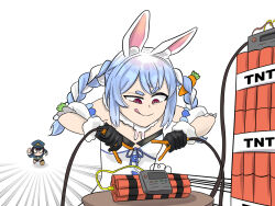 animal_ear_fluff animal_ears black_gloves block_(minecraft) blue_hair braid carrot_hair_ornament dunkemz explosive food-themed_hair_ornament gloves hair_ornament hat hololive long_hair minecraft multicolored_hair official_alternate_costume oozora_subaru oozora_subaru_(work) rabbit_ears rabbit_girl running short_hair thick_eyebrows tnt tnt_block_(minecraft) twin_braids twintails two-tone_hair usada_pekora usada_pekora_(1st_costume) virtual_youtuber white_background white_hair
