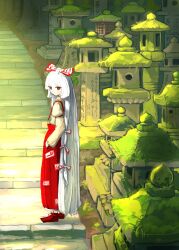 Rule 34 | 1girl, absurdres, bow, brown shirt, closed mouth, commentary request, fujiwara no mokou, full body, hair bow, hands in pockets, highres, long hair, long sleeves, looking at viewer, looking to the side, pants, red eyes, red pants, red shoes, ritsuzou, shirt, shoes, smile, solo, stairs, stone lantern, stone stairs, touhou, very long hair, white bow, white hair