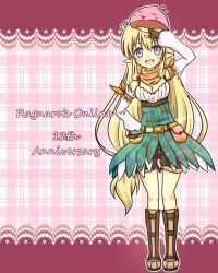 1girl :3 :d anniversary belt blonde_hair blue_eyes blush boots breasts brown_boots brown_gloves cleavage commentary_request corset detached_sleeves fingerless_gloves frills full_body ginn0613v gloves green_corset long_hair looking_at_viewer medium_breasts official_alternate_costume open_mouth orange_belt pink_background pointy_ears poring ragnarok_online ranger_(ragnarok_online) salute scarf short_shorts shorts slime_(creature) smile solo standing very_long_hair white_sleeves yellow_scarf
