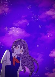 Rule 34 | 1girl, blush, closed eyes, closed mouth, cloud, collared shirt, colored skin, double-parted bangs, highres, long hair, mari (headspace) (omori), mari (omori), mkn364, neckerchief, omori, purple hair, purple sky, purple sweater vest, red neckerchief, shirt, short sleeves, sky, smile, solo, sweater vest, white shirt, white skin