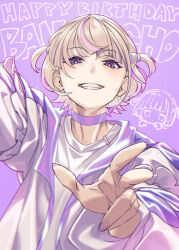 1girl blonde_hair blunt_bangs blush choker commentary_request happy_birthday highres hololive hololive_dev_is jacket long_sleeves looking_at_viewer mikel_(4hands) multicolored_hair open_clothes open_jacket purple_background purple_choker purple_eyes purple_hair shirt short_hair simple_background smile solo streaked_hair sweat todoroki_hajime todoroki_hajime_(1st_costume) virtual_youtuber w white_jacket white_shirt