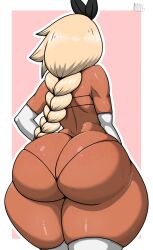 1girl absurdres arms_at_sides artist_logo ass ass_focus back bikini blonde_hair border braid braided_ponytail butt_crack dark-skinned_female dark_skin elbow_gloves female_focus from_behind gloves highres huge_ass logo long_hair low_ponytail micro_bikini n00b0d1 original pink_background ponytail simple_background solo standing swimsuit thick_thighs thighhighs thighs white_border white_gloves white_thighhighs wide_hips