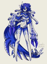 Rule 34 | 1girl, arm behind back, blue eyes, blue skin, colored skin, commentary, dress, english commentary, full body, hair over one eye, highres, long hair, long tail, looking at viewer, monster girl, no feet, original, pigeon-toed, ruteko (ruko220), short dress, simple background, solo, standing, tail, tentacle hair, thick tail, thighhighs, very long hair, yellow background