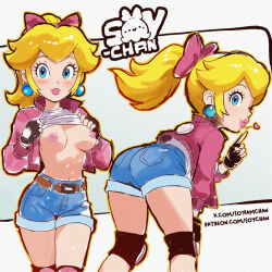 1girl artist_name ass belt black_gloves blonde_hair blowing_kiss blue_shorts blush bow breasts brown_belt clothes_lift commentary denim denim_shorts earrings english_commentary feet_out_of_frame fingerless_gloves from_behind gloves hair_bow heart index_finger_raised jacket jewelry knee_pads leaning_forward lifting_own_clothes lips long_hair looking_at_viewer mario_(series) mario_kart mario_kart_world medium_breasts multiple_views navel nintendo nipples open_clothes open_jacket patreon_username pink_bow pink_jacket ponytail princess_peach princess_peach_(touring) shirt shirt_lift short_shorts shorts soyiamchan sphere_earrings standing twitter_username watermark web_address white_background white_shirt