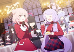 6+girls angel_wings artist_request belt black_belt black_choker black_gloves black_sailor_collar black_serafuku black_wings blood blood_halo blue_archive blunt_bangs bow braid breasts buttons cake cake_slice candle chandelier choker cleavage closed_eyes collarbone collared_shirt cup cupcake double-breasted dress eating faceless faceless_female fang food fork fruit fur-trimmed_dress fur_trim game_cg gloves hair_between_eyes hair_bun hair_ornament hairclip halo hanae_(blue_archive) hanae_(christmas)_(blue_archive) hasumi_(blue_archive) hat heart heart_hair_ornament highres holding holding_cup holding_fork holding_plate holding_teapot holly holly_hair_ornament indoors justice_task_force_member_(blue_archive) liquid_halo long_hair long_hair_between_eyes long_sidelocks looking_at_another low_twintails low_wings macaron melting_halo mine_(blue_archive) multiple_girls neckerchief night non-web_source nurse_cap official_alternate_costume official_art open_mouth pale_skin pantyhose parfait pink_bow pink_halo plaid_clothes plaid_skirt plate pleated_skirt purple_hair red_dress red_eyes red_halo red_neckerchief red_sweater sailor_collar school_uniform serafuku serina_(blue_archive) serina_(christmas)_(blue_archive) shirt sidelocks sitting skin_fang skirt sky smile standing strawberry sweater table tablecloth teacup teapot tiered_tray tsurugi_(blue_archive) turtleneck turtleneck_sweater twintails undone_neckerchief very_long_hair white_gloves white_pantyhose white_sailor_collar white_wings window wings yellow_halo