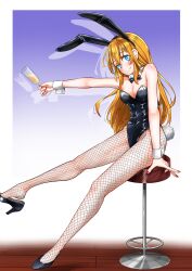 1girl absurdres animal_ear_hairband animal_ears aqua_eyes black_bow black_bowtie black_leotard black_shoes blonde_hair blush bow bowtie breasts champagne_flute ciel_nosurge cleavage closed_mouth covered_navel cup detached_collar drinking_glass fake_animal_ears fake_tail fishnet_pantyhose fishnets full_body hairband high_heels highres ionasal_kkll_preciel leotard long_hair medium_breasts pantyhose playboy_bunny pumps rabbit_ear_hairband rabbit_ears rabbit_tail red_nails saison_1253 shoe_dangle shoes sitting smile solo stool strapless strapless_leotard surge_concerto tail white_wrist_cuffs wrist_cuffs