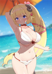 1girl arm_behind_head armpits beach beach_umbrella bikini blonde_hair blue_eyes blue_hair blurry blurry_background blush bow breasts cleavage closed_mouth collarbone cowboy_shot day hair_ribbon highres hololive horns kani_bonara large_breasts long_hair looking_at_viewer multicolored_hair navel ocean orange_umbrella outdoors pink_hair pink_ribbon ponytail red_bow ribbon sand sheep_girl sheep_horns smile solo streaked_hair sweat swimsuit tsunomaki_watame umbrella very_long_hair virtual_youtuber water white_bikini