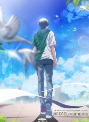 Rule 34 | 1010 mumumu, 1boy, bird, black hair, blue pants, blue shoes, blue sky, blurry, bubble, cloud, commentary request, depth of field, dove, facing away, from behind, grass, green shirt, highres, kamen rider, kamen rider build (series), kiryuu sento, leaf, male focus, mismatched shoes, outdoors, pants, red shoes, shirt, shoes, short hair, sidewalk, sky, sneakers, tokusatsu, two-tone shirt, white shirt