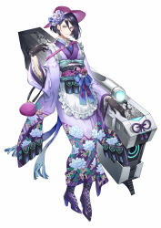 1girl :| absurdres apron bag belt_pouch black_gloves black_hair blue_ribbon blunt_ends boots closed_mouth counter:side earrings expressionless floral_print flower full_body gloves hair_between_eyes handbag hat hat_flower hayami_sanae high_heel_boots high_heels highres japanese_clothes jewelry kimono looking_at_viewer maid_apron obi pouch purple_boots purple_eyes purple_flower purple_hat purple_kimono ribbon sash short_hair shoulder_belt simple_background solo stud_earrings taishou tsukimiya_akira weapon white_background