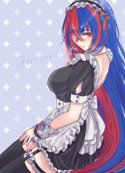 Rule 34 | 1girl, backless dress, backless outfit, blue eyes, blue hair, breasts, crossed bangs, dress, female alear (fire emblem), fire emblem, fire emblem engage, heterochromia, highres, long hair, looking at viewer, maid, maid headdress, medium breasts, multicolored hair, nekoyashiki 08, nintendo, red eyes, red hair, smile, solo, split-color hair, two-tone hair