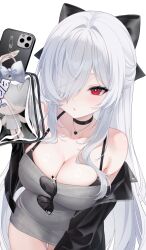 1girl bbn_2212 black_choker black_jacket blush bow breasts cellphone cellphone_charm character_charm charm_(object) choker cinderella_(beautiful_me)_(nikke) cinderella_(nikke) cleavage dongtan_dress dress eyewear_hang goddess_of_victory:_nikke grey_dress hair_bow hair_over_one_eye heart heart_necklace highres jacket jacket_on_shoulders jewelry large_breasts long_hair meme_attire necklace official_alternate_costume phone red_eyes simple_background smartphone solo taut_clothes taut_dress unworn_eyewear very_long_hair white_background white_hair