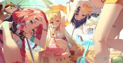 3girls absurdres alice_thymefield alice_thymefield_(sea_of_thyme) animal_ears armpits bandaid bandaid_on_leg bare_arms bare_shoulders beach belle_(summer_skies)_(zenless_zone_zero) belle_(zenless_zone_zero) bikini bikini_under_clothes blonde_hair blue_hair blush braid breasts cleavage closed_mouth dress eating food food_in_mouth from_behind from_below green_eyes heart heart-shaped_eyewear heterochromia highres holding holding_food holding_popsicle holding_removed_eyewear holding_swim_ring innertube kama_(zenless_zone_zero) long_hair looking_at_viewer maeru miss_esme_(zenless_zone_zero) multiple_girls ocean official_alternate_costume open_mouth orange_eyes outdoors parted_lips popsicle popsicle_in_mouth presenting_armpit purple_hair rabbit_ears rabbit_girl raccoon red_hair red_shirt sand_castle sand_sculpture shirt short_hair short_sleeves shorts sleeveless sleeveless_dress smile squatting strapless strapless_dress swim_ring swimsuit t-shirt tied_shirt tongue tongue_out twin_braids ukinami_yuzuha ukinami_yuzuha_(tanuki_in_broad_daylight) unworn_eyewear wet wet_clothes wet_shirt white_dress white_shirt yellow_bikini yellow_eyes yellow_shorts zenless_zone_zero