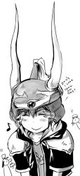 1boy closed_eyes crossover dissidia_final_fantasy donald_duck english_text engrish_text final_fantasy goofy greyscale helmet kingdom_hearts kingdom_hearts_ii male_focus meru monochrome musical_note quaver ranguage smile sora_(kingdom_hearts) warrior_of_light_(ff1)