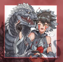 Rule 34 | ..., 1girl, absurdres, black hair, bones (company), claws, commentary, cosplay, detached sleeves, dual persona, extra teeth, facial mark, fangs, fingerless gloves, fingernails, genderswap, genderswap (mtf), gloves, godzilla, godzilla (cosplay), godzilla (series), godzilla singular point, godzilla ultima, godzilla ultima (cosplay), grey hair, hair ornament, heart (symbol), highres, hood, hoodie, humanization, kaiju, long fingernails, mahari lab, midriff, monster, monster girl, multicolored hair, nail polish, one eye closed, orange (company), orange eyes, personification, red hair, sharp teeth, sleeveless, speech bubble, spikes, tail, teeth, toho, yellow eyes