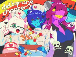 1boy 1girl 1other :o ;d aegyo_sal antenna_hair aqua_background black_background black_shirt blue_hair blue_hairband blue_skin breasts buttons cake candle chromatic_aberration cleavage coat coffee collared_shirt colored_skin commentary_request copyright_name cup deltarune fangs film_grain fingernails food freckles furry furry_female furry_male goat_boy green_eyes grin hair_over_one_eye hairband hand_up hat heart highres holding holding_syringe holding_tray horns jacket kris_(deltarune) lapels large_breasts large_syringe long_hair long_sleeves no_nose no_pupils nurse_cap one_eye_closed open_clothes open_coat open_mouth orange_background oversized_object partially_unbuttoned pill pink_hair pink_horns pink_skin pocket ralsei red_eyes reptile_girl saturated se_(hanahide) sharp_teeth shirt short_hair side-by-side simple_background skull smile sparkle susie_(deltarune) sweatdrop syringe teeth tongue tray turtleneck turtleneck_jacket upper_body v white_coat white_fur white_hat white_jacket yellow_background yellow_eyes yellow_teeth