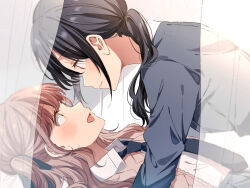 2girls black_hair blazer blush cardigan eye_contact highres jacket long_hair looking_at_another lying multiple_girls necktie on_back open_mouth original pink_hair pinned rococomm123 yuri
