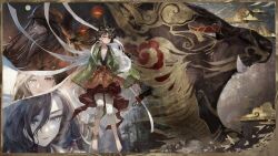 4girls absurdres ankle_bell bandaged_leg bandages barefoot black_hair black_hat border braid brown_border cellphone chinese_clothes cloud fudepenbrushpen full_body full_moon green_hanfu grin hair_between_eyes hanfu hat he_rijun highres lantern leg_wrap liang_yue_(reverse:1999) long_hair looking_at_viewer looking_to_the_side low_twin_braids mark_under_both_eyes mask mask_on_head miniskirt monster moon multiple_girls newsboy_cap noire_(reverse:1999) paper_lantern parted_lips phone portrait profile puppet qi_xing_(reverse:1999) qiangliang_(reverse:1999) red_skirt reverse:1999 skirt smile twin_braids wide_sleeves yellow_eyes