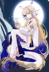 1girl arknights bare_shoulders black_shoes blonde_hair blue_eyes closed_mouth colored_extremities commentary dragon_girl dragon_horns earrings floating full_body full_moon grey_hair hair_between_eyes hair_intakes highres holding horns jacket jewelry lingdang67607 long_hair long_sleeves moon multicolored_hair night off_shoulder pants pointy_ears purple_hair shoes shu_(arknights) smile solo very_long_hair white_jacket white_pants