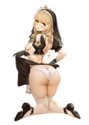 1girl absurdres ass bare_back black_gloves black_shoes black_skirt blonde_hair blue_eyes blush breast_curtains breasts butt_crack clothes_lift commentary_request cross frilled_sleeves frills from_behind full_body gloves highres kneeling l_ract lifting_own_clothes long_hair looking_at_viewer looking_back nun open_mouth original paid_reward_available panties puffy_short_sleeves puffy_sleeves shoes short_sleeves sideboob simple_background skirt skirt_lift small_breasts solo thighhighs underwear veil white_background white_panties white_thighhighs