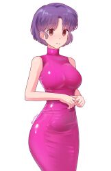 Rule 34 | breasts, brown eyes, dress, geraldjess1, highres, latex, latex dress, pink dress, purple hair, ranma 1/2, shiny clothes, short hair, sleeveless, sleeveless dress, tendou akane, tight clothes, tight dress, twitter username, white background