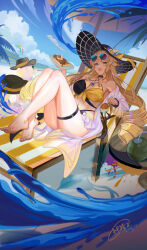 1girl absurdres barefoot beach bikini blonde_hair blue_eyes chair feet genshin_impact god_hunter hat highres large_hat long_hair looking_at_viewer lounge_chair navia_(genshin_impact) open_mouth parasol soles sun_hat swimsuit toes umbrella