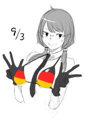 1girl absurdres between_breasts bikini breasts double_v flag_print flag_print_bikini german_flag german_flag_bikini glasses greyscale highres isone_kotoha long_hair looking_at_viewer monochrome multicolored_bikini necktie necktie_between_breasts simple_background smile solo spot_color swimsuit twintails v white_background yasuda_suzuhito yozakura_quartet