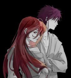 2boys androgynous black_background braid brothers chinese_clothes crossed_arms freckles highres long_hair looking_at_viewer looking_back magi_the_labyrinth_of_magic male_focus multiple_boys nettlemirror profile purple_eyes purple_hair red_hair ren_kouha ren_koumei short_hair siblings simple_background trap upper_body