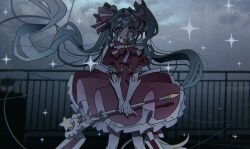 Rule 34 | 1girl, back bow, blue eyes, bow, bow hairband, chest bow, chromatic aberration, cloud, cloudy sky, commentary, cowboy shot, crying, crying with eyes open, danjou sora, dress, elbow gloves, eyes visible through hair, fence, film grain, floating hair, frilled dress, frilled sleeves, frills, gloves, grey sky, hair between eyes, hair bow, hair intakes, hairband, hatsune miku, highres, holding, holding wand, imasugu rinne (vocaloid), long hair, looking at viewer, magical girl, multicolored eyes, on roof, outdoors, overcast, pink bow, pink dress, pink eyes, pink hairband, puffy short sleeves, puffy sleeves, rain, rooftop, short sleeves, sky, smile, solo, sparkle, standing, standing on roof, star-shaped pupils, star (symbol), star wand, striped bow, symbol-shaped pupils, tears, twintails, two-tone eyes, very long hair, vocaloid, wand, white gloves, yellow pupils