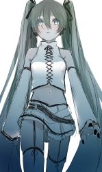 1girl absurdres aile_d&#039;ange_(module) aqua_eyes bad_id bad_twitter_id bare_shoulders belt black_nails commentary crop_top detached_sleeves from_below green_hair hair_ornament hatsune_miku hatsune_miku_(aile_d&#039;ange) highres kokutogeroama lace-up_sleeves lace-up_top long_hair looking_at_viewer midriff miniskirt nail_polish navel parted_lips project_diva_(series) shirt skirt sleeveless sleeveless_shirt solo thighhighs twintails very_long_hair vocaloid walking white_shirt white_skirt white_sleeves white_thighhighs