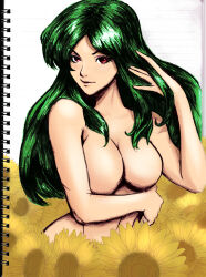 1girl alternate_hairstyle collarbone completely_nude flower green_hair hand_in_own_hair highres kazami_yuuka lips long_hair looking_at_viewer nude one-hour_drawing_challenge red_eyes smile solo sunflower touhou yklvr