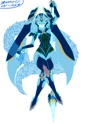 absurdres android arm_above_head arm_up armor armored_boots armored_gloves bikini bikini_armor blue_armor blue_bikini blue_boots blue_eyes blue_gloves bodysuit boots breasts chest_jewel covered_navel darkbreakerex dragon fairy_leviathan_(mega_man) floating forehead_jewel gem gloves glowing_lines hand_jewel helmet highres holding holding_polearm holding_weapon ice_dragon invisible_chair jewelry joints knee_pads looking_at_viewer mechanical_arms mega_man_(series) mega_man_zero_(series) navel pet petting polearm robot_girl robot_joints see-through_body simple_background sitting smile swimsuit thigh_boots thighhighs thighhighs_under_boots underboob weapon white_background white_gloves