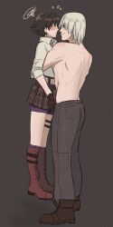 1boy 1girl bike_shorts black_background black_hair blush boots dante_(devil_may_cry) devil_may_cry devil_may_cry_(series) devil_may_cry_3 from_side gloves highres hug jumpoon lady_(devil_may_cry) lifting_person no_shirt pants shirt simple_background smile white_hair white_shirt