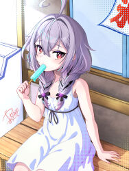 1girl absurdres ahoge alternate_costume bench blush braid breasts commentary_request cowboy_shot dress food food_in_mouth happy_birthday highres holding holding_food holding_popsicle looking_at_viewer nanashi_inc. open_mouth popsicle popsicle_in_mouth purple_hair red_eyes shisui_kiki sitting small_breasts solo sundress twin_braids virtual_youtuber white_dress yawaraka_oniku_hatto
