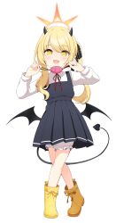 Rule 34 | 1girl, absurdres, black dress, black horns, black ribbon, blonde hair, bloomers, blue archive, blush, boots, collared shirt, commentary request, crime prevention buzzer, crime prevention buzzer threat, demon horns, demon tail, demon wings, dress, full body, hair ribbon, halo, hands up, highres, holding, horns, ibuki (blue archive), korean commentary, long hair, long sleeves, looking at viewer, neck ribbon, open mouth, orange halo, partial commentary, pointy ears, poorunii, red ribbon, ribbon, shirt, shukusei!! loli-kami requiem, side ponytail, sidelocks, simple background, solo, standing, tail, transparent background, underwear, white bloomers, white shirt, wings, yellow boots, yellow eyes