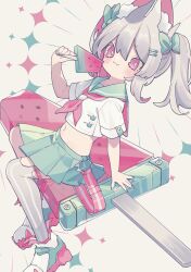 Rule 34 | 1girl, animal ear fluff, animal ears, belt, blush, bow, bright pupils, closed mouth, colored inner hair, commentary, crop top, dated, double-parted bangs, fang, food, full body, green bow, green nails, green sailor collar, green skirt, grey hair, grey thighhighs, hair between eyes, hair bow, hair ornament, hairclip, highres, holding, holding food, medium hair, miniskirt, multicolored hair, navel, neckerchief, original, ozureiji, pleated skirt, popsicle, rabbit ears, red belt, red hair, red neckerchief, sailor collar, school uniform, serafuku, shirt, shoes, short sleeves, single thighhigh, sitting, skin fang, skirt, smile, sneakers, solo, striped clothes, striped thighhighs, symbol-only commentary, thighhighs, twintails, two-sided bow, two-tone hair, watermelon bar, white pupils, white shirt, white shoes