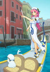 1girl aged_up ankle_boots aria_(manga) aria_company_uniform aria_pokoteng blouse blue_bow blue_bowtie blue_ribbon boots bow bowtie cat clothing_cutout dress forehead form_fitting full_body gondola green_eyes grin hair_intakes hair_tubes hat hat_ribbon highres holding holding_oar long_dress looking_at_viewer mizunashi_akari oar orz_(orz57) parted_bangs patch pink_hair ribbon rowing sailor_collar sailor_hat shirt short_hair_with_long_locks short_sleeves side_slit sidelocks skin_tight smile solo standing venice white_boots white_dress white_hat white_shirt