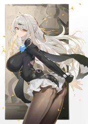 1girl absurdres arm_behind_back ass black_pantyhose bodystocking border breasts closed_mouth commentary_request floating_hair grey_hair highres large_breasts long_hair long_sleeves looking_at_viewer official_alternate_costume pantyhose pmg revision smile solo standing white_border yellow_eyes yixuan_(trails_of_ink)_(zenless_zone_zero) yixuan_(zenless_zone_zero) zenless_zone_zero