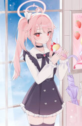1girl absurdres ahoge black_choker black_thighhighs blue_archive choker dress food frilled_dress frilled_skirt frilled_sleeves frills highres ice_cream long_hair looking_at_viewer natsu_(blue_archive) pink_hair red_eyes side_ponytail skirt thighhighs very_long_hair yagen_(user_mxur3238) zettai_ryouiki