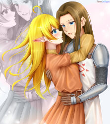 Rule 34 | 1boy, 1girl, absurdres, ahoge, almost kissing, armor, belt, blonde hair, blue eyes, blush, brown belt, brown gloves, brown hair, chainmail, commission, commissioner upload, dress, earrings, elf, eye contact, eye symbol, gloves, hetero, highres, hug, imminent kiss, jewelry, knight, long hair, long sleeves, looking at another, lori hagami, lotte farona, medieval, mutual hug, official art, open mouth, orange dress, pointy ears, shirt, short sleeves, shoulder armor, sidelocks, simple background, sleeves past wrists, smile, stephanus tavilrond, sun symbol, surcoat, tunic, very long hair, ways of darkness (series), white background, white tunic