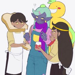 !? 1girl 3boys 4747moonwalk :d androgynous apron biscuit_(omori) black_pants black_skirt blue_overalls blush bottle bread bread_slice bright_pupils brother_and_sister brown_hair colored_skin commentary cowboy_shot crying crying_with_eyes_open dark-skinned_female dark-skinned_male dark_skin doughie_(omori) earrings english_commentary food green_hair green_nails grin hair_behind_ear hair_ornament hair_ribbon hairclip hand_on_another&#039;s_head hand_on_another&#039;s_shoulder hands_up holding holding_bottle holding_food jam jewelry long_hair long_sleeves low-tied_long_hair multiple_boys nail_polish no_sclera omori open_mouth oragne_joe_(omori) overalls pants parted_lips pink_shirt pointy_ears profile purple_scarf purple_skin ribbon rococo_(omori) scarf shirt short_hair short_sleeves siblings simple_background skirt smile standing swept_bangs tears twins very_long_hair very_short_hair waist_apron white_apron white_background white_pupils white_ribbon yellow_eyes yellow_shirt