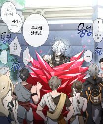 2girls 5boys absurdres ancient_greek_clothes antenna_hair armor beaten black_coat black_hoodie black_shirt bound bruise bruise_on_face caelus_(honkai:_star_rail) chiton coat commentary_request crystal greco-roman_clothes grey_hair highres honkai:_star_rail honkai_(series) hood hood_down hoodie injury korean_commentary korean_text messy_hair multiple_boys multiple_girls nogcha_owo pauldrons people phainon_(honkai:_star_rail) shirt shoulder_armor single_pauldron surprised sweat trailblazer_(honkai:_star_rail) translation_request white_hair