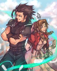 Rule 34 | 1boy, 1girl, 2023, absurdres, aerith gainsborough, arm behind back, armor, bangle, basket, belt, black hair, black pants, black sweater, blue eyes, blue sky, bracelet, braid, braided ponytail, breasts, brown gloves, brown hair, cloud, cloudy sky, commentary, crisis core final fantasy vii, cross scar, dress, earrings, english commentary, facial scar, falling feathers, feathers, feet out of frame, final fantasy, final fantasy vii, final fantasy vii remake, flower, flower basket, gloves, green eyes, hair ribbon, height difference, highres, holding, holding basket, jacket, jewelry, lifestream, long hair, multiple belts, one eye closed, open clothes, open jacket, outdoors, pants, parted bangs, parted lips, piccolourme, pink dress, pink ribbon, ponytail, red jacket, ribbon, scar, scar on cheek, scar on face, shoulder armor, sky, sleeveless, sleeveless turtleneck, small breasts, smile, spiked hair, stud earrings, sweater, turtleneck, turtleneck sweater, white feathers, yellow flower, zack fair