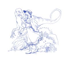 1girl animal blue_theme boots dinosaur dress ge_dazuo hat hatching_(texture) highres long_sleeves medium_hair monochrome original outdoors plant rock signature solo standing tyrannosaurus_rex white_background