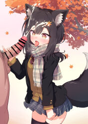 1boy 1girl animal_ears bar_censor black_hair black_jacket black_thighhighs blue_skirt bow bowtie breasts brown_eyes brown_sweater censored commission cum diagonal-striped_bow diagonal-striped_bowtie diagonal-striped_clothes ejaculation grey_scarf hair_ornament hairclip hetero highres jacket large_variant_set layered_sleeves leaf_hair_ornament long_sleeves male_pubic_hair medium_hair miniskirt open_mouth original penis penis_grab pinky_out plaid_clothes plaid_scarf plaid_skirt pleated_skirt pubic_hair red_bow red_bowtie scarf skeb_commission skirt small_breasts striped_clothes sweater tail testicles thighhighs tongue tongue_out variant_set wodaex wolf_ears wolf_girl wolf_tail