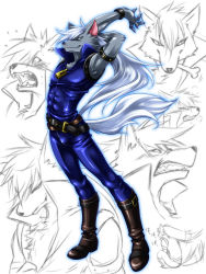 10s 1boy angry animal_ears arm_up belt blush bone boots full_body furry furry_male highres long_hair male_focus multiple_persona pants precure sketch smile smile_precure! solo stretching surprised tail wauwa werewolf white_hair wolf_ears wolf_tail wolfrun
