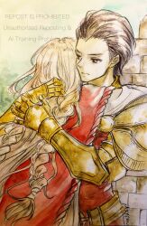 Rule 34 | 1boy, 1girl, armor, blonde hair, brown eyes, brown hair, cape, couple, delita heiral, dress, final fantasy, final fantasy tactics, highres, hug, long hair, mayim, ovelia atkascha, ruins, sign, signature, sky, twitter username, warning sign, white dress, yellow armor