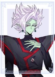 1boy black_bodysuit bodysuit colored_skin dragon_ball dragon_ball_super earrings expressionless fused_zamasu green_skin grey_eyes hand_on_own_chest heterochromia jewelry long_sleeves looking_at_viewer pointy_ears potara_earrings purple_eyes red_sash sash solo spiked_hair v621 white_hair
