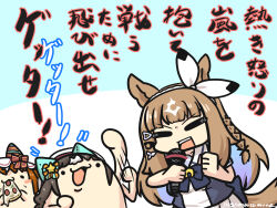 Rule 34 | . ., 1girl, :d, afterimage, almond eye (umamusume), animal ears, arm up, beret, blue background, blue bow, blue hair, blue shirt, bow, braid, brown hair, closed eyes, eating, food, goma (gomasamune), hair bow, hair ornament, hairclip, hat, highres, hokko tarumae (umamusume), holding, holding food, holding microphone, horse ears, horse girl, horse tail, long hair, microphone, multicolored hair, open mouth, pizza, pizza slice, pleated skirt, school uniform, shirt, skirt, smile, star (symbol), star hair ornament, still in love (umamusume), striped bow, tail, tracen school uniform, translation request, twitter username, two-tone background, two-tone hair, umamusume, v-shaped eyebrows, veil, very long hair, white background, white hair, white hat, white skirt