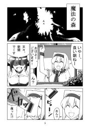Rule 34 | 2girls, alice margatroid, bird, black hair, breasts, comic, forest of magic, greyscale, in the face, monochrome, multiple girls, newspaper, sei (kaien kien), shameimaru aya, touhou, translated